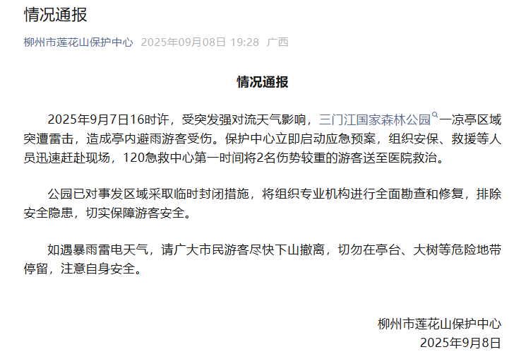 公园凉亭突遭雷击,网传多名游客受伤?官方回应→
